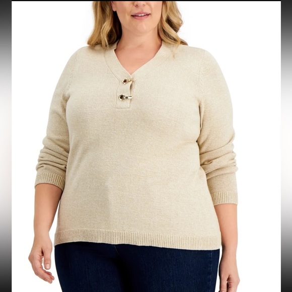 Karen Scott Plus Size Marl Cotton Hardware Henley Sweater Beige Size 3X Chestnut - Picture 1 of 14